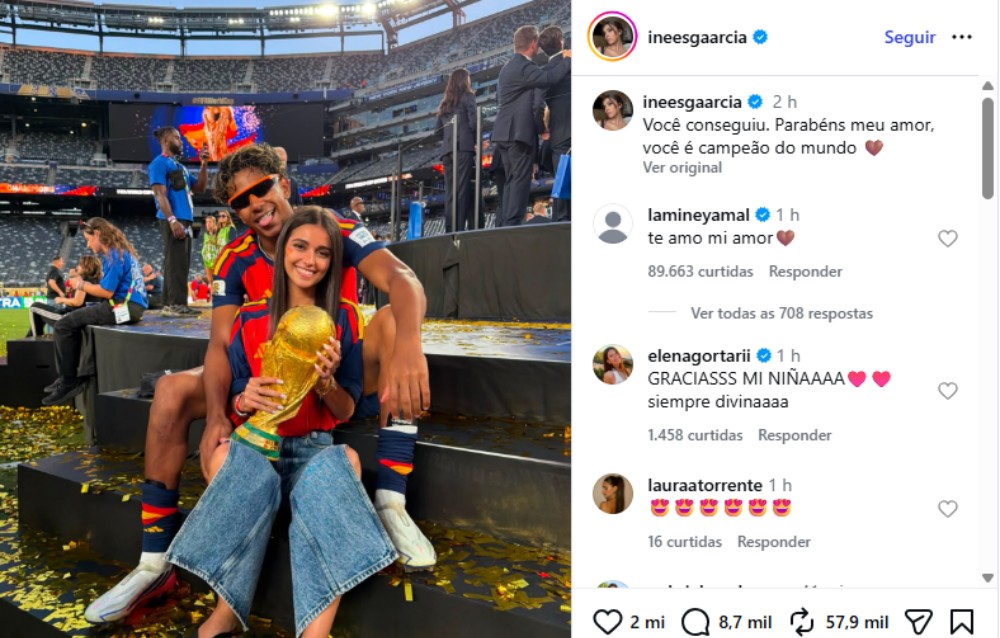 Inés García parabeniza namorado Lamine Yamal pelo título da Espanha na Copa